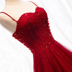 Straps Dark Red Beaded Sweetheart Long Formal Dress, Junior Prom Dress