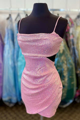 Straps Pink Sequin Tight Homecoming Dress