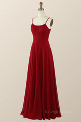 Straps Wine Red Chiffon A-line Long Bridesmaid Dress