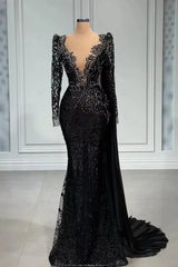 Stylish Black A-line Mermaid Evening Dress Deep V-Neck Beadings Long Sleeves Prom Dress