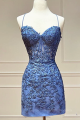 Sweetheart Neck Short Blue Lace Prom Dresses, Short Blue Lace Formal Homecoming Dresses