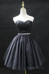 Sweetheart Neck Strapless Black Short Prom Dresses, Open Back Black Homecoming Dresses, Black Formal Evening Dresses