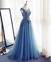 Blue A Line Tulle Lace Long Prom Dress, Evening Dress