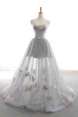 Gray Long Prom Dress with Butterfly, New Arrival Unique Evening Dress
