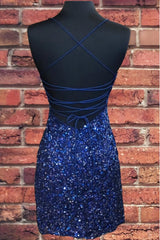 Tight Navy Blue Sequin Short Homecoming Dresses Sparkly Party Dress