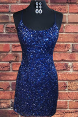 Tight Navy Blue Sequin Short Homecoming Dresses Sparkly Party Dress