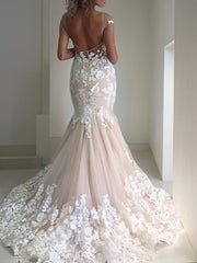 Trumpe/Mermaid Bateau Sweep Train Tulle Wedding Dresses with Appliques Lace