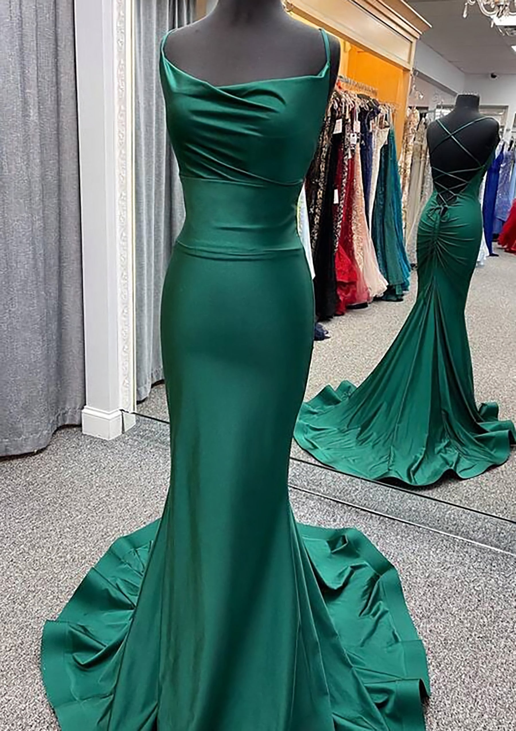 Trumpet Mermaid Cowl Neck Spaghetti Straps Sweep Train Jersey Prom Dress With Pleated