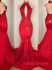 Trumpet/Mermaid Halter Sweep Train Charmeuse Prom Dresses With Appliques Lace