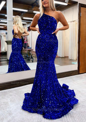 Trumpet Mermaid One Shoulder Sleeveless Long Floor Length Velvet Sequins Prom Dress