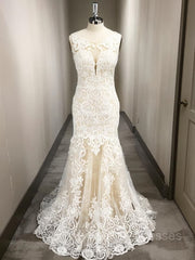 Trumpet/Mermaid Scoop Sweep Train Tulle Wedding Dresses With Appliques Lace