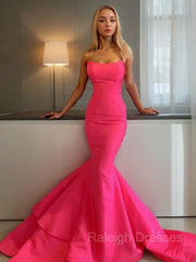 Trumpet/Mermaid Strapless Sweep Train Satin Prom Dresses With Ruffles
