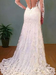 Trumpet/Mermaid V-neck Sweep Train Lace Wedding Dresses With Appliques Lace