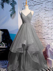 Tulle Layers Straps Long Party Dress Formal Dress, A-line Evening Prom Dress