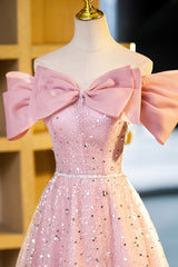 Tulle Sequins Long Prom Dress, Pink Off Shoulder Evening Dress