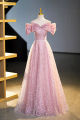 Tulle Sequins Long Prom Dress, Pink Off Shoulder Evening Dress