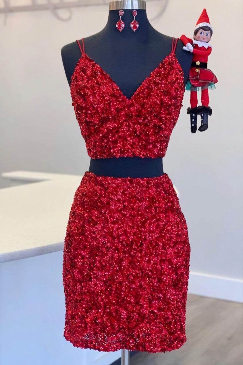 Two Piece Red Sequined Homecoming Dress, V-neck Tight Party Dress,Short Prom Dresses