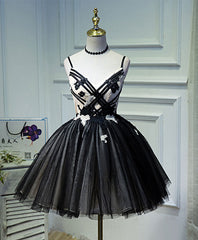Unique Black Tulle Short Prom Dress, Black Homecoming Dresses