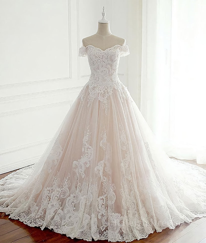 Unique lace tulle long wedding dress, lace long bridal dress