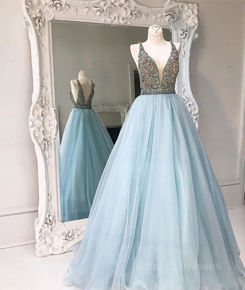 V Neck And V Back Sequin Tulle Long Blue Prom Dresses, Blue Evening Dresses