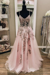 V Neck Backless Pink Lace Long Prom Dress, Long Pink Lace Formal Evening Dress