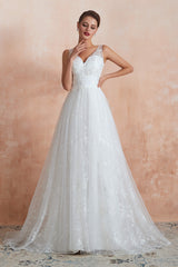 V-Neck Lace Pleated White A-Line Wedding Dresses