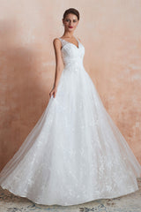 V-Neck Lace Pleated White A-Line Wedding Dresses