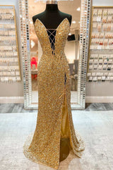 V Neck Mermaid Golden Sequins Long Prom Dress with High Slit, Mermaid Golden Formal Dress, Gold Sequins Evening Dress