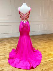 V Neck Mermaid Hot Pink Prom Dresses, Hot Pink Mermaid Backless Formal Evening Dresses