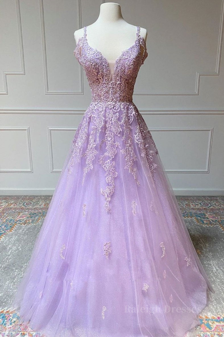V Neck Off Shoulder Long Lilac Lace Prom Dress, Off Shoulder Purple Lace Formal Graduation Evening Dress