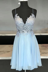 V Neck Open Back Blue Lace Short Prom Dresses, Blue Lace Homecoming Dresses, Short Blue Formal Evening Dresses