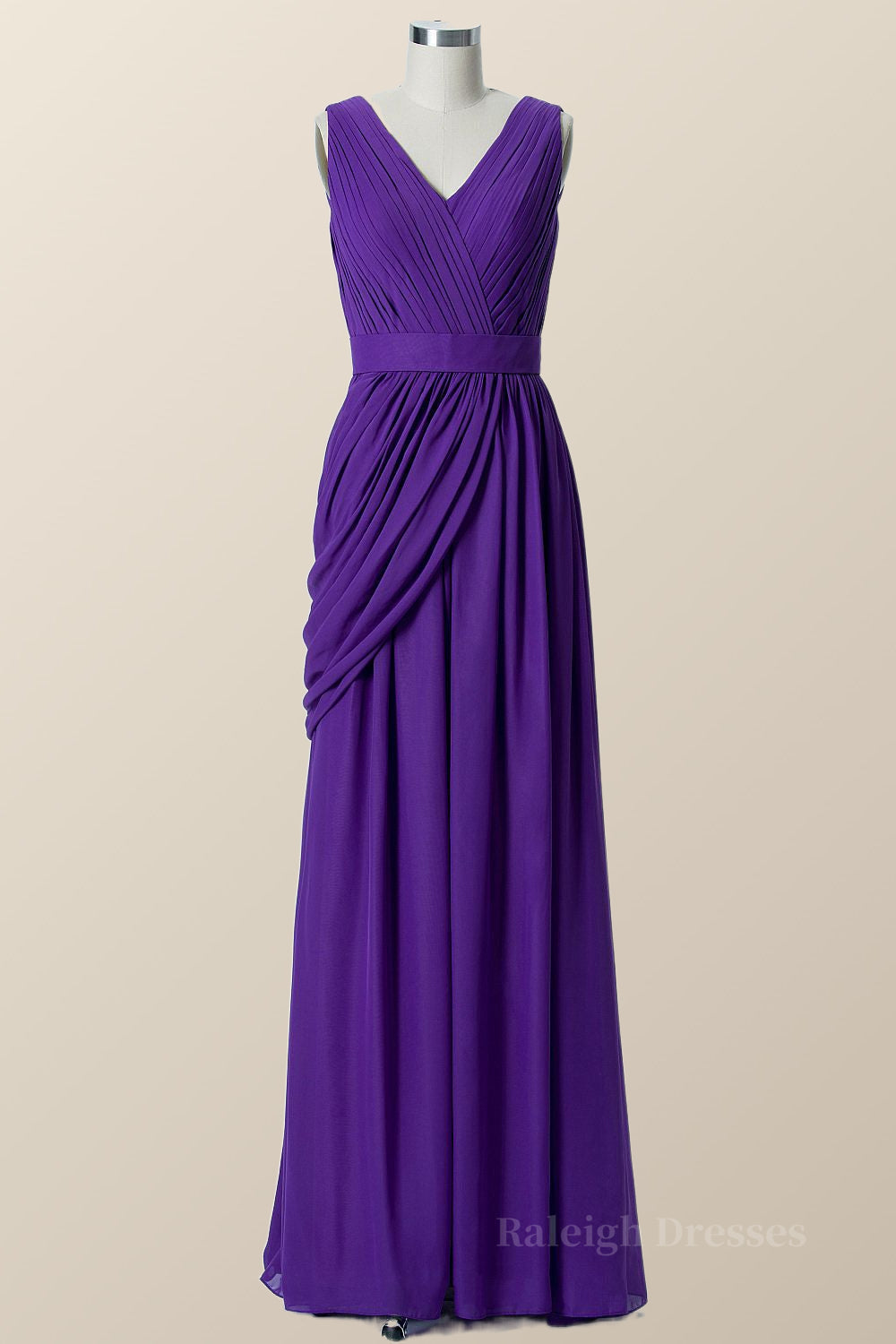 V Neck Purple Pleated Chiffon A-line Bridesmaid Dress