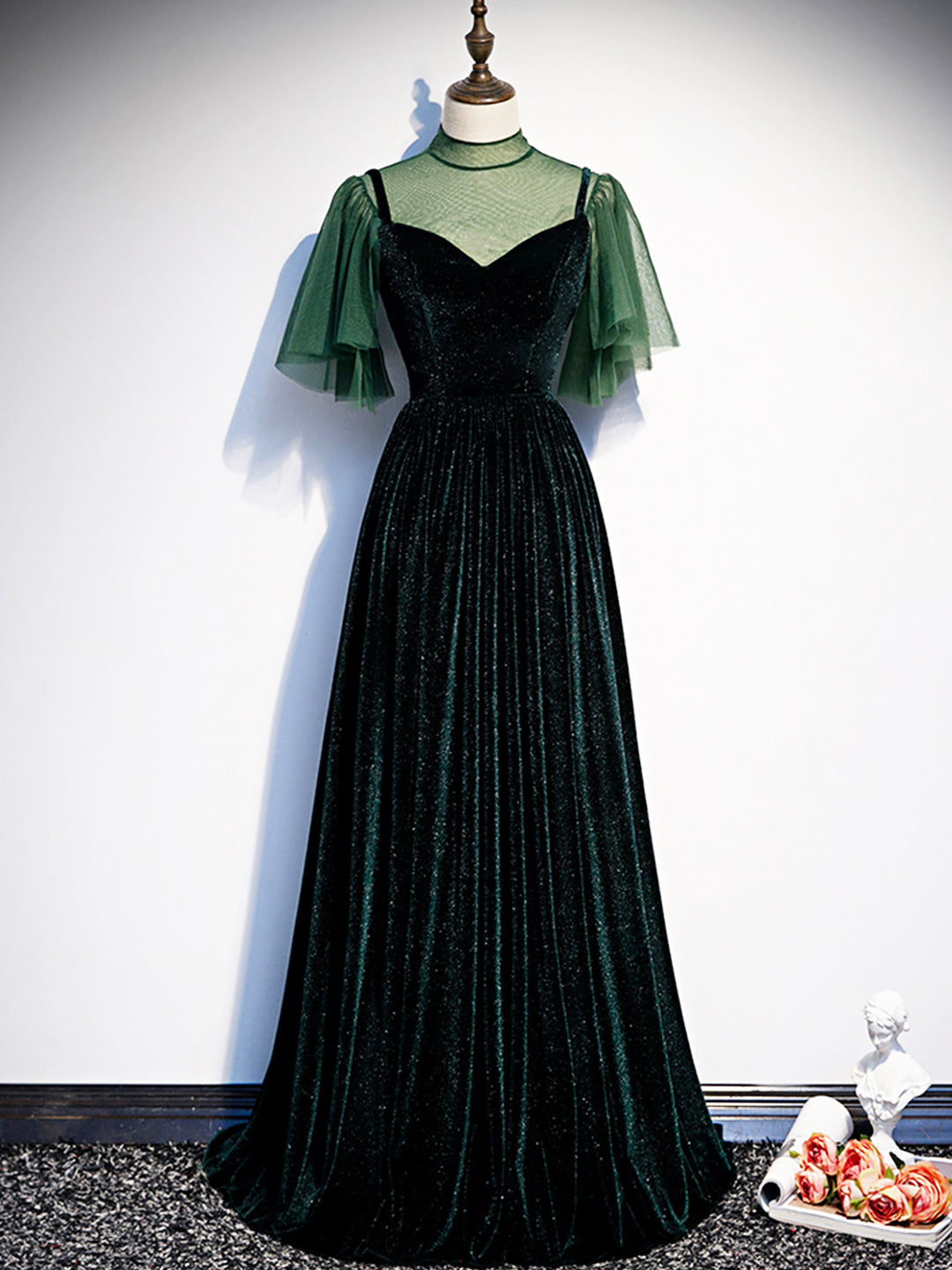 Green Velvet Long Prom Dress, Elegant A-Line Green Evening Dress
