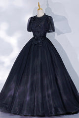 Black Tulle Lace Long A-Line Prom Dress, A-Line Short Sleeve Evening Gown