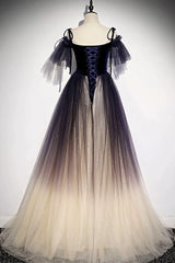 Velvet and Gradient Tulle Long Party Dress, Straps Long Evening Gown