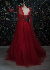 Vintage Red Tulle Prom Dress,Women Evening Gowns with Flowers