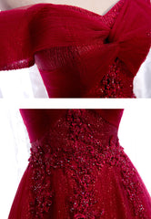 Burgundy Lace Long Prom Dresses, A-Line Off the Shoulder Evening Dresses