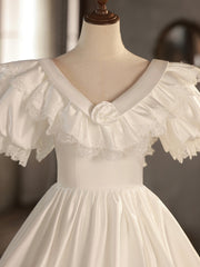 White V-Neck Satin Long Prom Dress, Lace Wedding Dress
