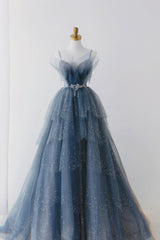 Superbe robe de bal en tulle brillant bleu, robe formelle à plusieurs niveaux avec strass