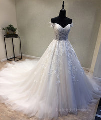 White sweetheart tulle lace applique long prom dress, wedding dress