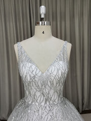 White V Neck Sequin Tulle Long Prom Dress White Tulle Evening Dress