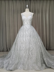 White V Neck Sequin Tulle Long Prom Dress White Tulle Evening Dress