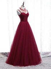 Wine Red Beaded Straps Party Dress Prom Dress, Beaded Tulle Formal Dress