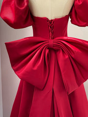Wine Red Short Sleeves Satin A-line Party Dress, Wine Red Long Prom Dress with Bow