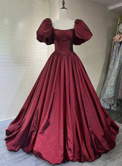 Wine Red Taffeta Short Sleeves Long Formal Dress, Wine Red Evening Dress Prom Dress