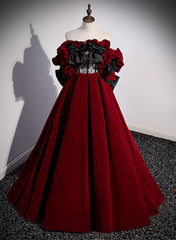 Wine Red Velvet Off Shoulder Party Dress, A-line Floor Length Prom Dress