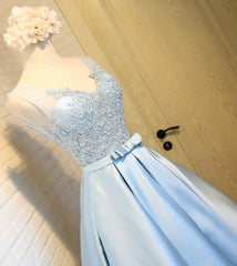 Sky Blue A Line V Neck Short Prom Dresses, Appliques Lace Homecoming Dresses