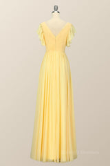 Yellow Chiffon A-line Pleated Long Bridesmaid Dress