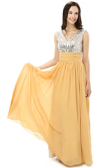 Yellow Chiffon Silver Sequins V-neck Backless Bridesmaid Dresses